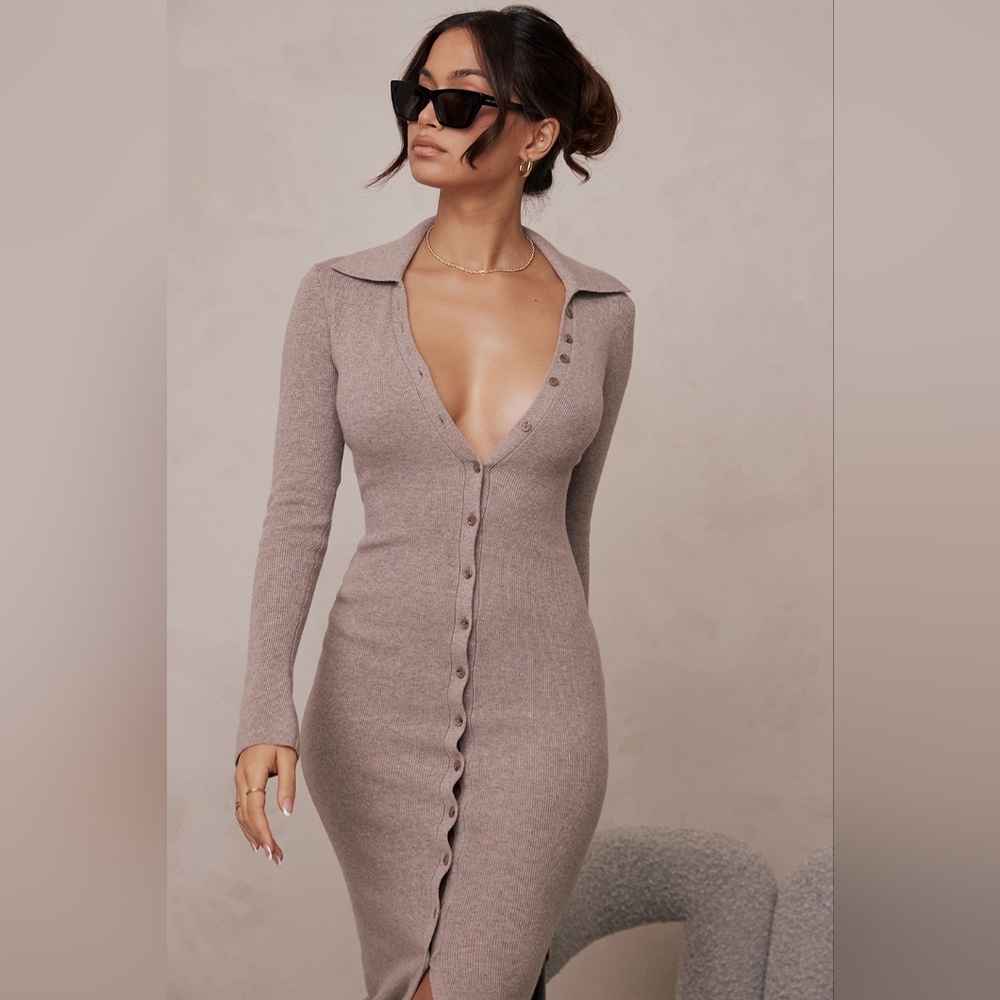 House of CB Yvette Beige Cashmere Knit Midi Dress Size Small